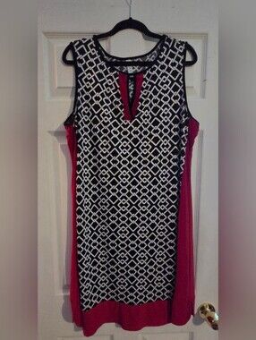 Perseption Black & White Geometric Midi Dress with Red Panels